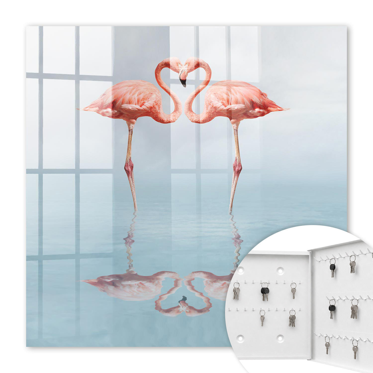 SCHLÜSSELBOX Weiß 30x30 cm – Türöffnung nach rechts - Flamingos lieben - Pink, Metall (30/30/5cm) - TULUP
