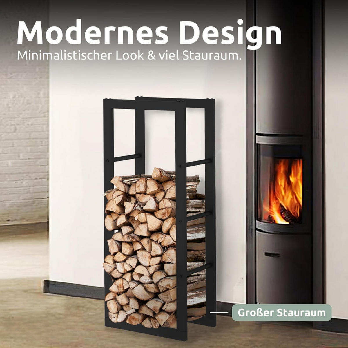 KAMINHOLZREGAL innen Metall KEOP Schwarz 60x25x125 cminkl. Ofenhandschuh - Schwarz, Metall (60/125/25cm) - DELUKE