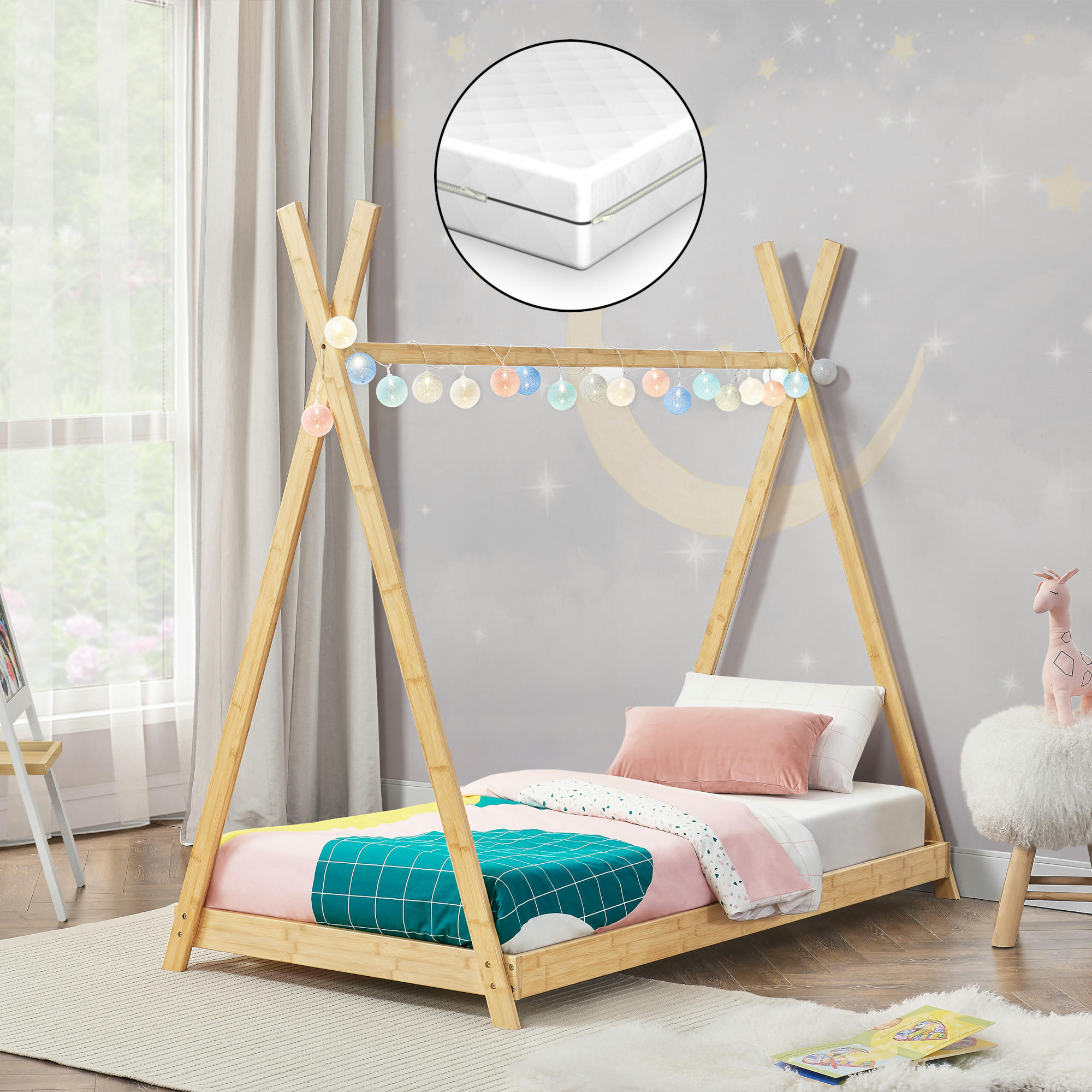 KINDERBETT Vimpeli mit Matratze - Naturfarben, Holz/Textil (70/140cm) - [en.casa]