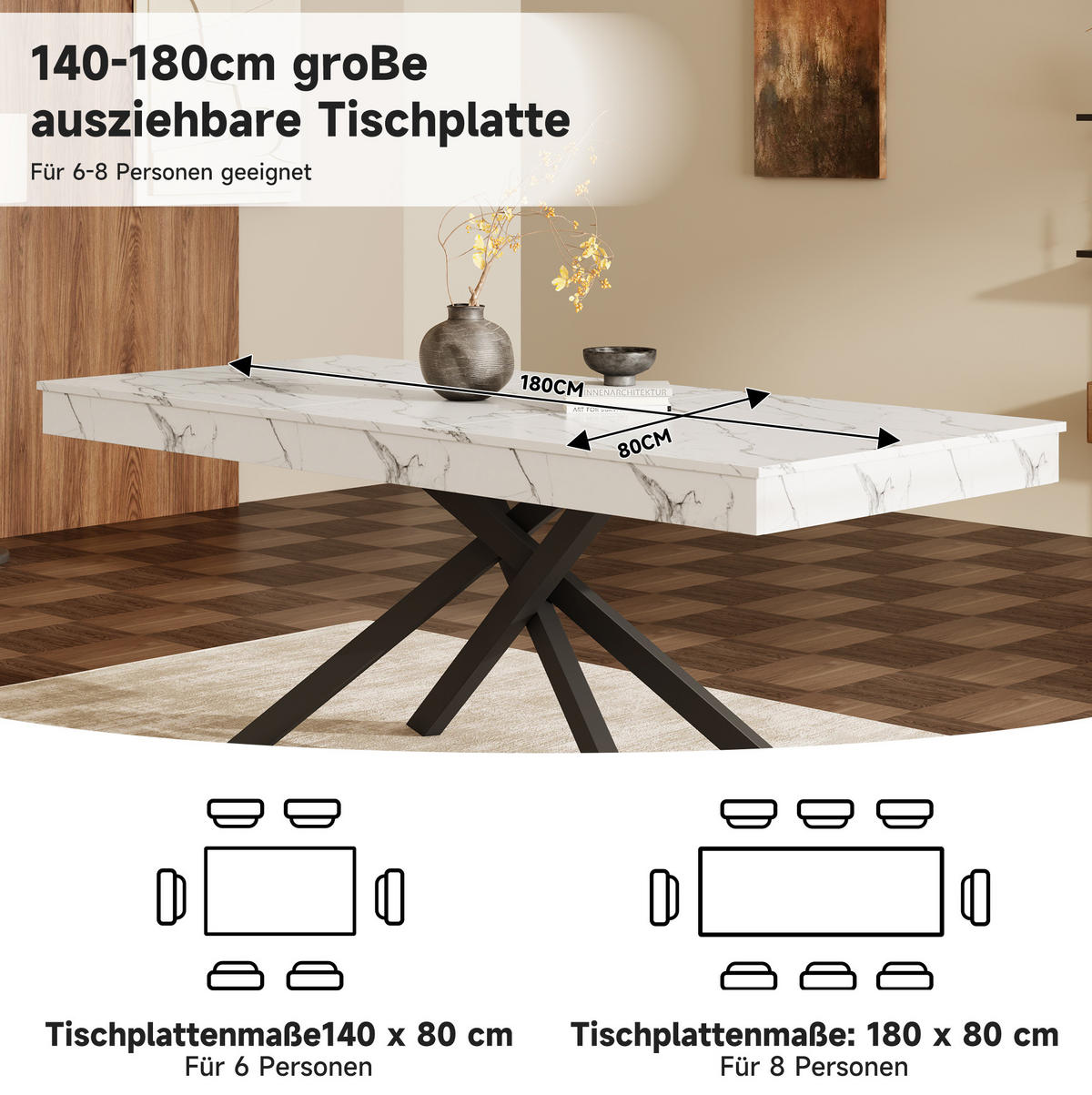 ESSTISCH aus MDF 180x80x76 cm Weiß ausziehbar mit 93 mm Tischplatte und Kreuzbeinen - Weiß, Holzwerkstoff (180/80/76cm) - Modfu
