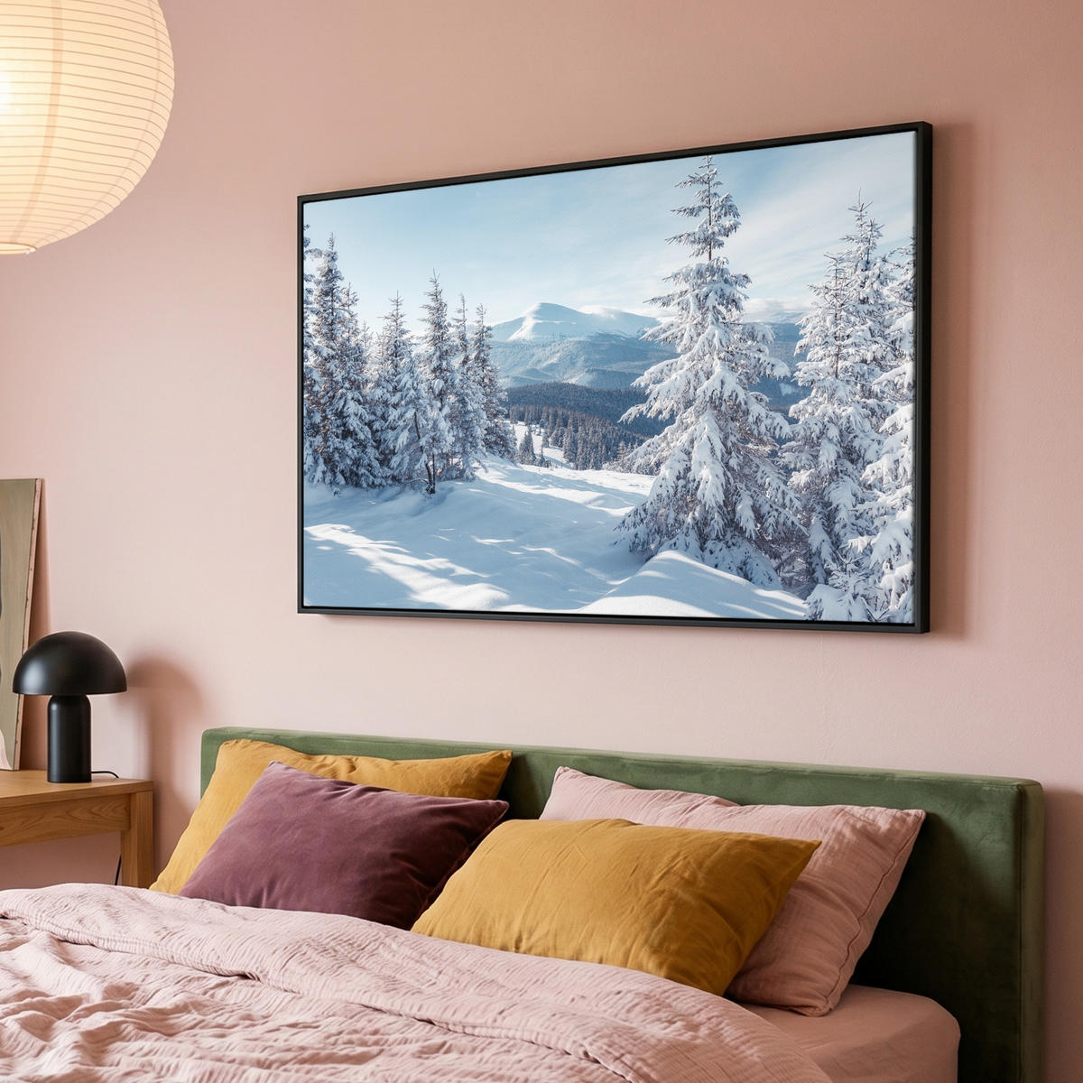 LEINWAND Bilder mit Rahmen - Winterlandschaft - Natur - Berge - Bäume - Schnee - 120x80 - Hellblau, Textil (120/80cm) - MuchoWow