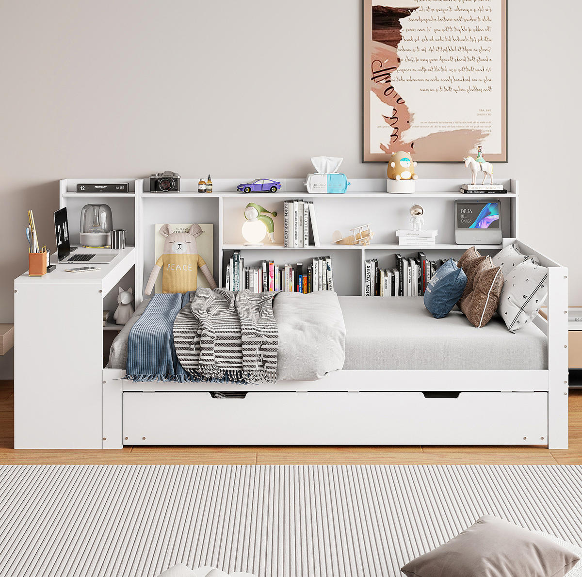 HOLZBETT 90/200 cm in Weiß mit Ausziehbett, Regal und Steckdose - Weiß, Holz (90/200cm) - BEAOK