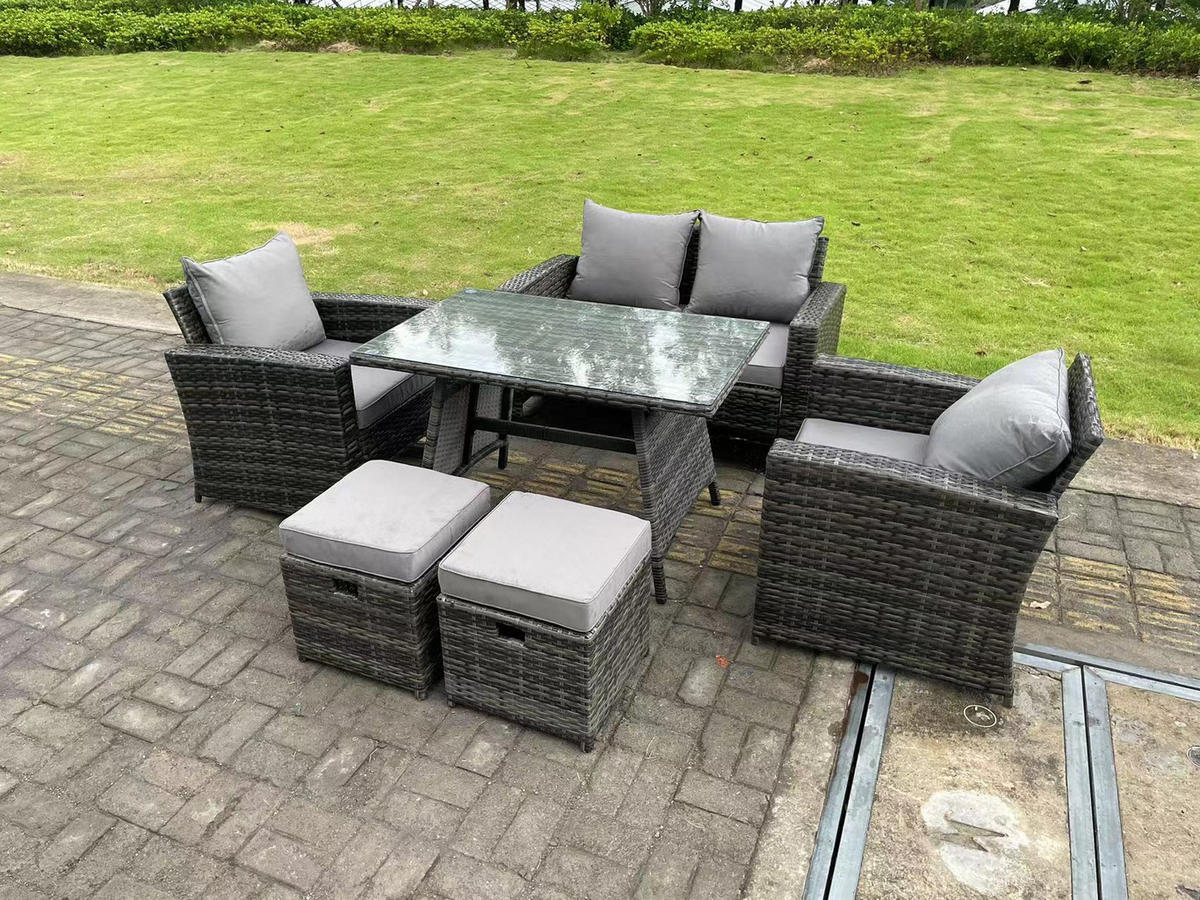 GARTENTISCHGRUPPE Polyrattan 6-Sitzer - Dunkelgrau/Grau, Glas/Kunststoff - Fimous