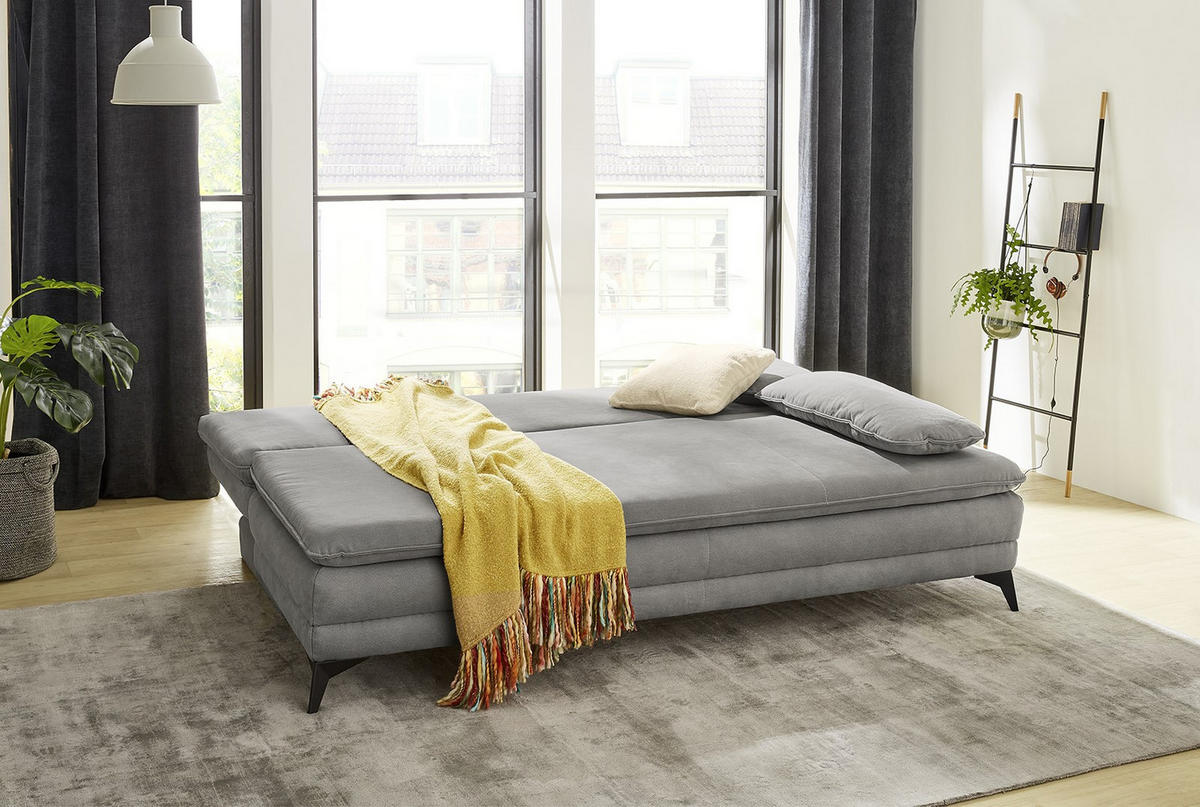 DAUER-SCHLAFSOFA Wellenunterfederung integr.Topper Bettkasten B202/T105/H90 cm, Liegefläche 158x199 cm, Mikrofaser Hellgrau / 15157 - Hellgrau/Schwarz, Textil/Metall (202/90/105cm) - luma-home
