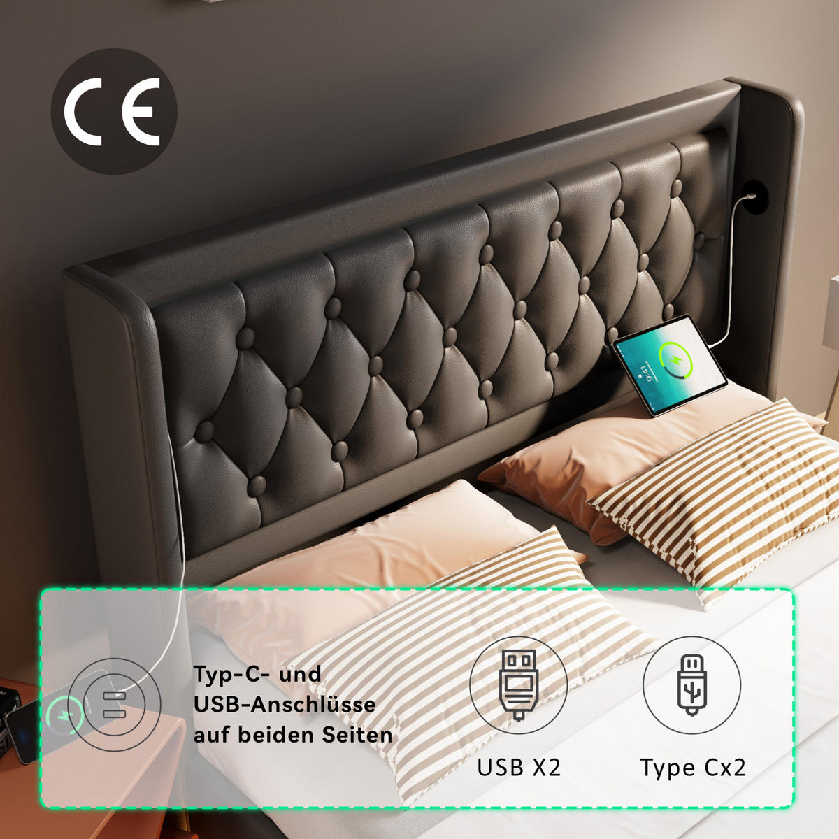 ČALOUNĚNÁ postel 180/200 cm černá z PU s USB-C nabíjením, úložným prostorem a LED osvětlením - černá, plast (180/200cm) - OKWISH