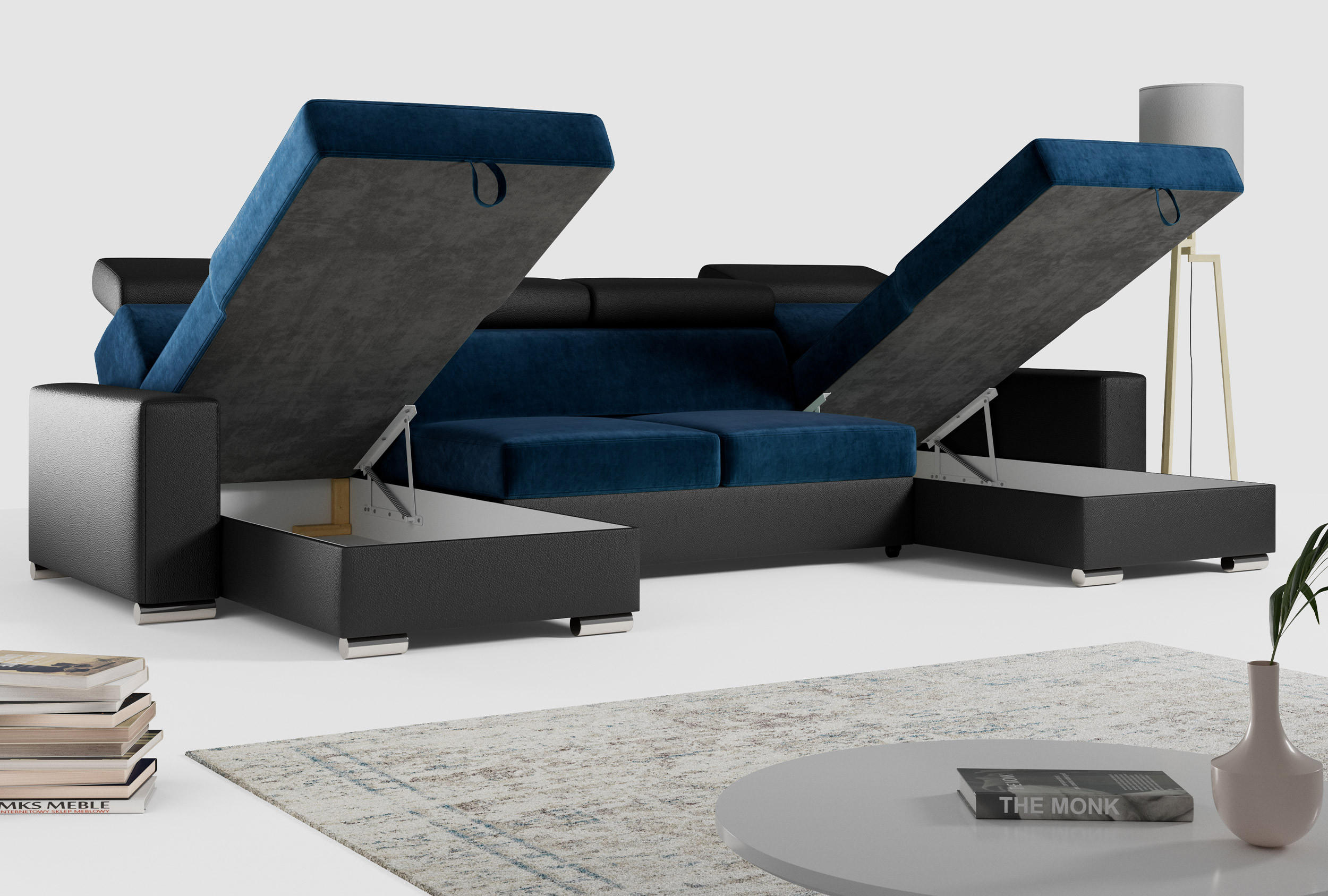 Thumbnail - MKS Wohnlandschaft, Dunkelblau, Schwarz, Textil, 6-Sitzer, U-Form, 306x98x168 cm, Wohnzimmer, Sofas & Couches, Wohnlands...