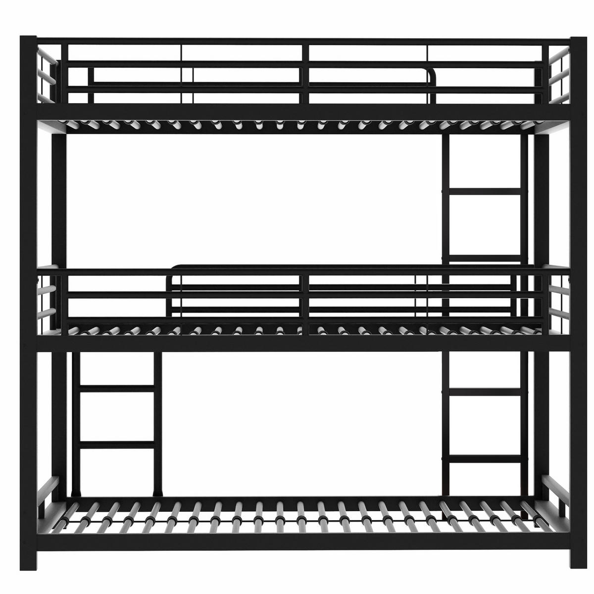 DREIFACH-ETAGENBETT aus Metall 90x200 cm Schwarz mit Sicherheitsgeländern und Leiter - Schwarz, Metall (90/200cm) - Modfu
