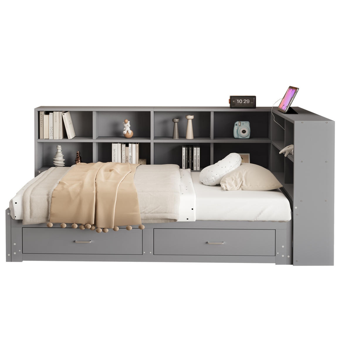 FUNKTIONSBETT 90/190 cm mit Ausziehbett, Stauraum und Steckdose, Grau - Grau, Holzwerkstoff (90/190cm) - Redom