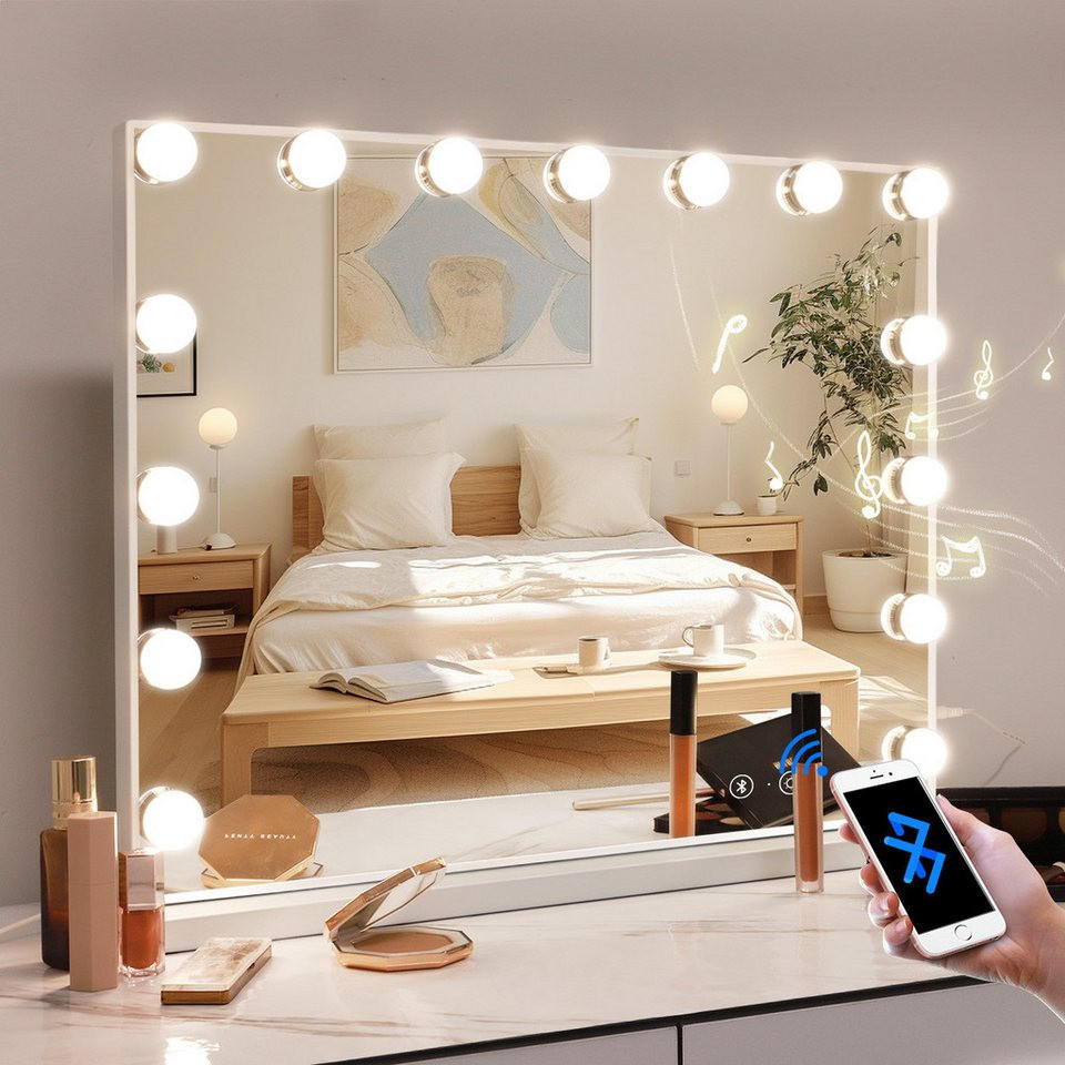 SCHMINKSPIEGEL mit LED-Beleuchtung Bluetooth weiß 58/46 cm - Weiß, Metall (58/46/3cm) - VANITII