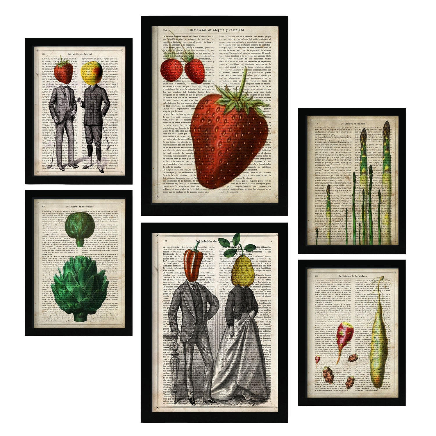 POSTER Set Mit 6 Küche Vintage Papier Stil Plakate Mit Enzyklopädie Hintergründen Obst Und Gemüse, Gesunder Lebensstil A3 & A4 Schwarzer Rahmen - Schwarz, Papier (29/3cm) - Nacnic