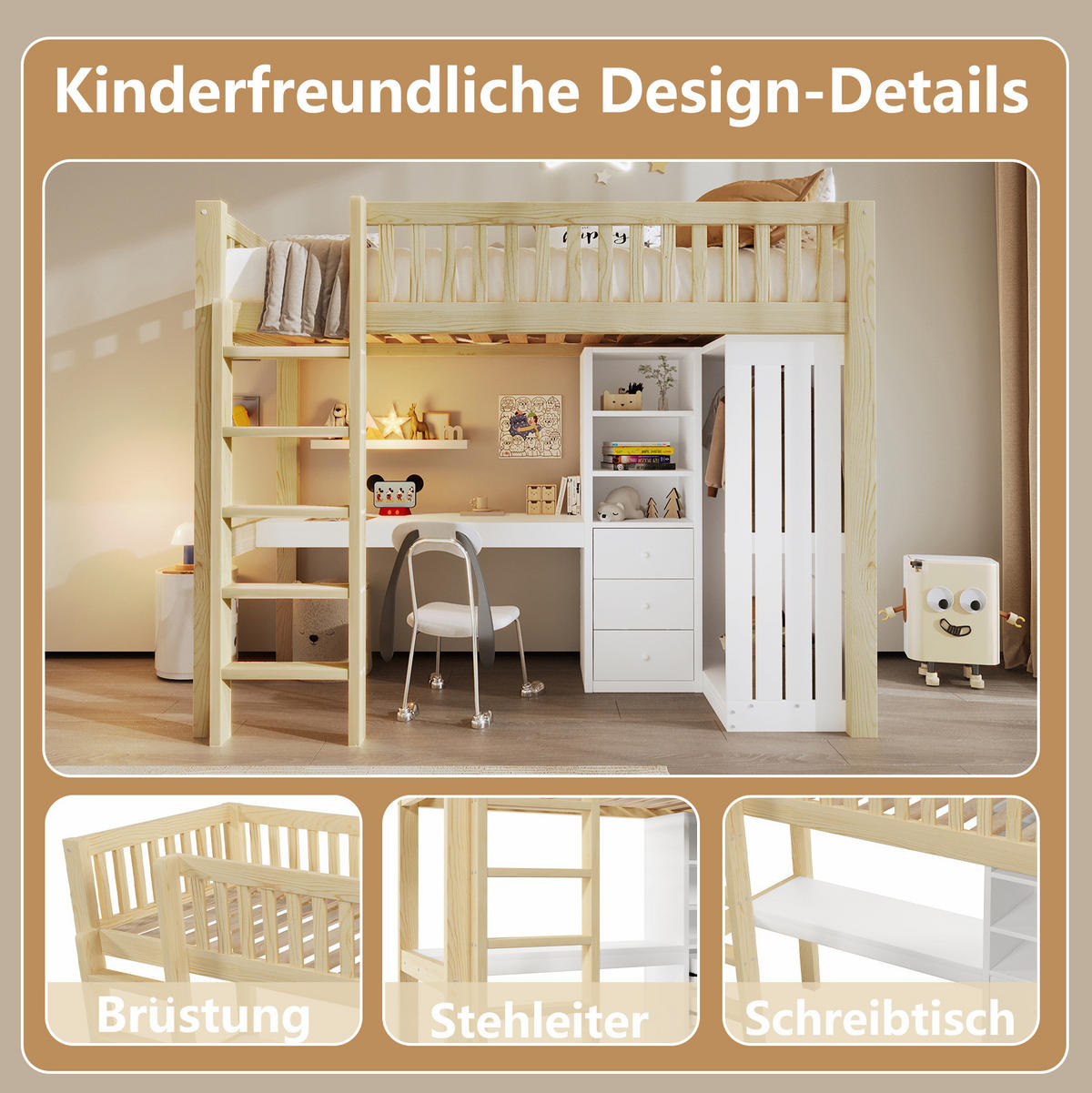 HOCHBETT 90/200 cm Natur aus Kiefernholz und MDF mit Schreibtisch und Stauraum - Naturfarben, Holz (90/200cm) - OKMYHOME
