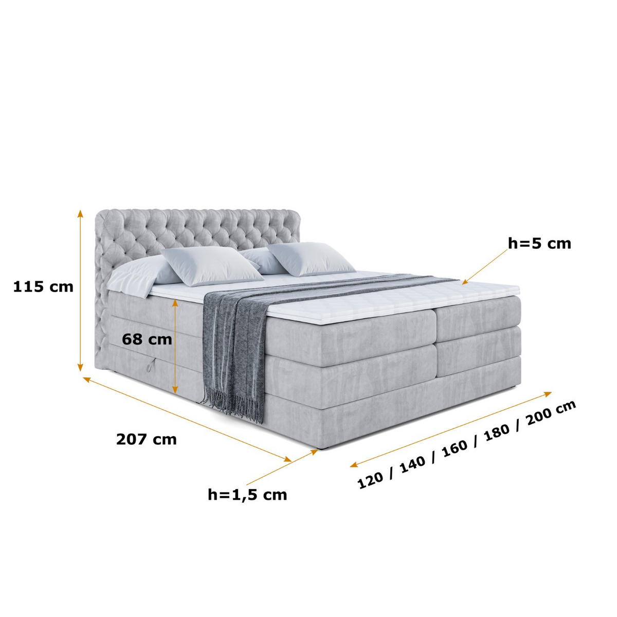 BOXSPRINGBETT BOXI8 KING - 160x200 - H3/H4 - Hellgrau - Hellgrau, Holzwerkstoff (160/200cm) - ALTDECOR