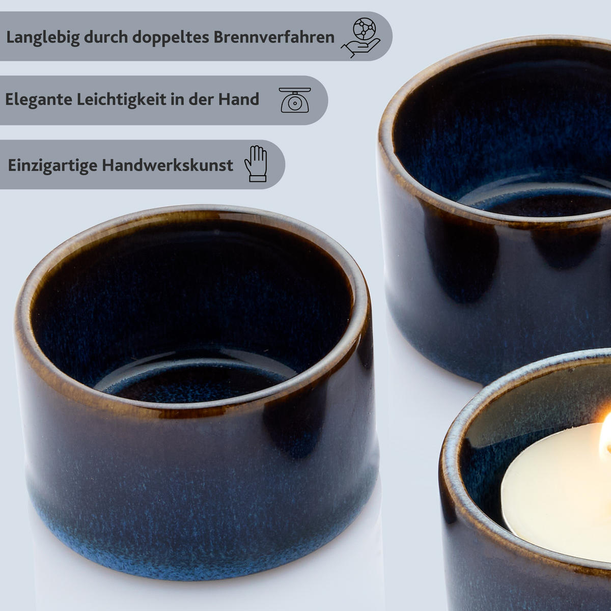 TEELICHTHALTER SET TOKIO - 8 teilig inkl. Kerzen - Dunkelblau, Stein (3.2cm) - Sänger