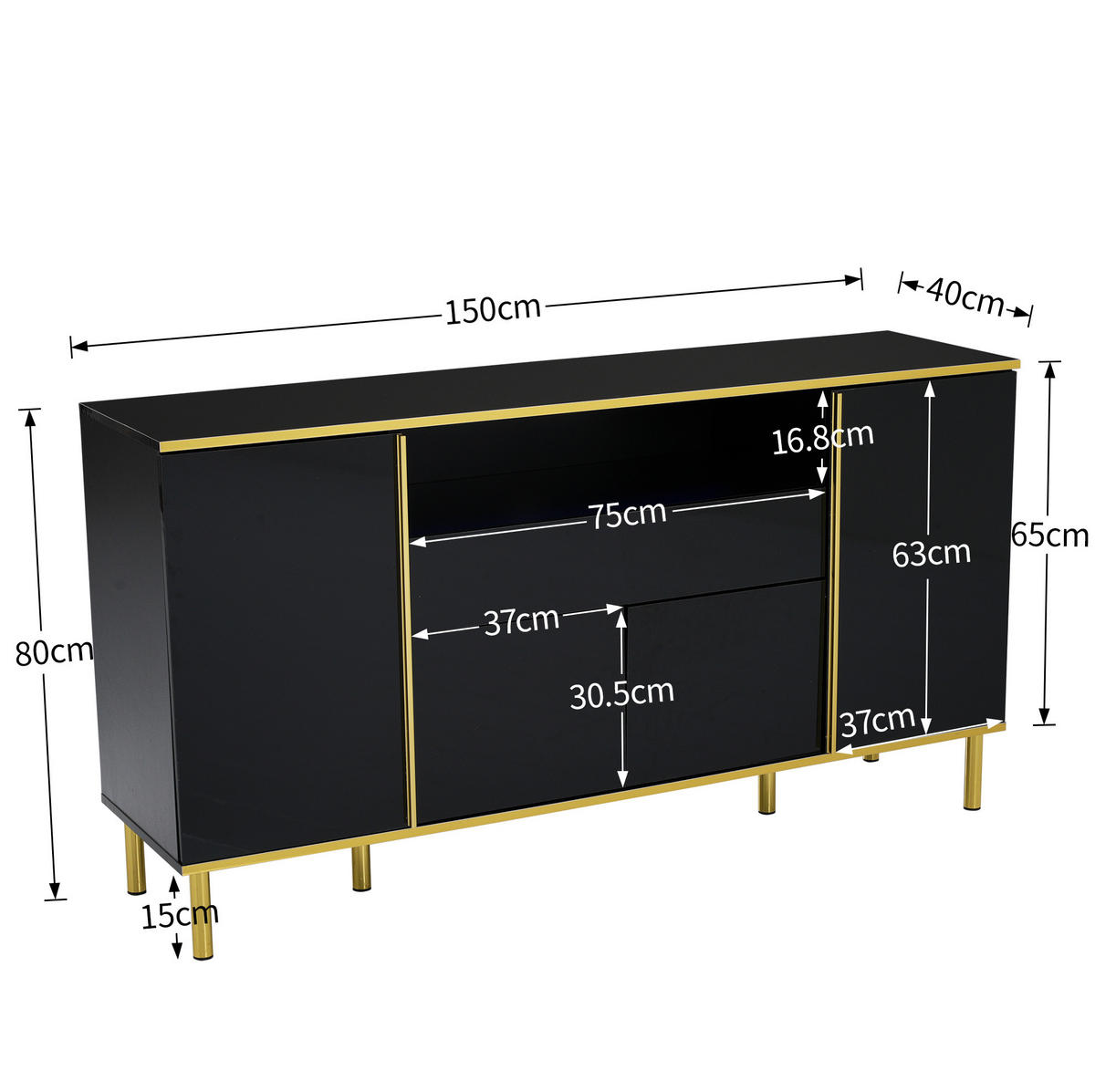 SIDEBOARD aus MDF und Spanplatte 150x40x80 cm Schwarz Hochglanz mit LED-Beleuchtung und Stauraum - Schwarz, Holzwerkstoff (150/80/40cm) - IVMEU