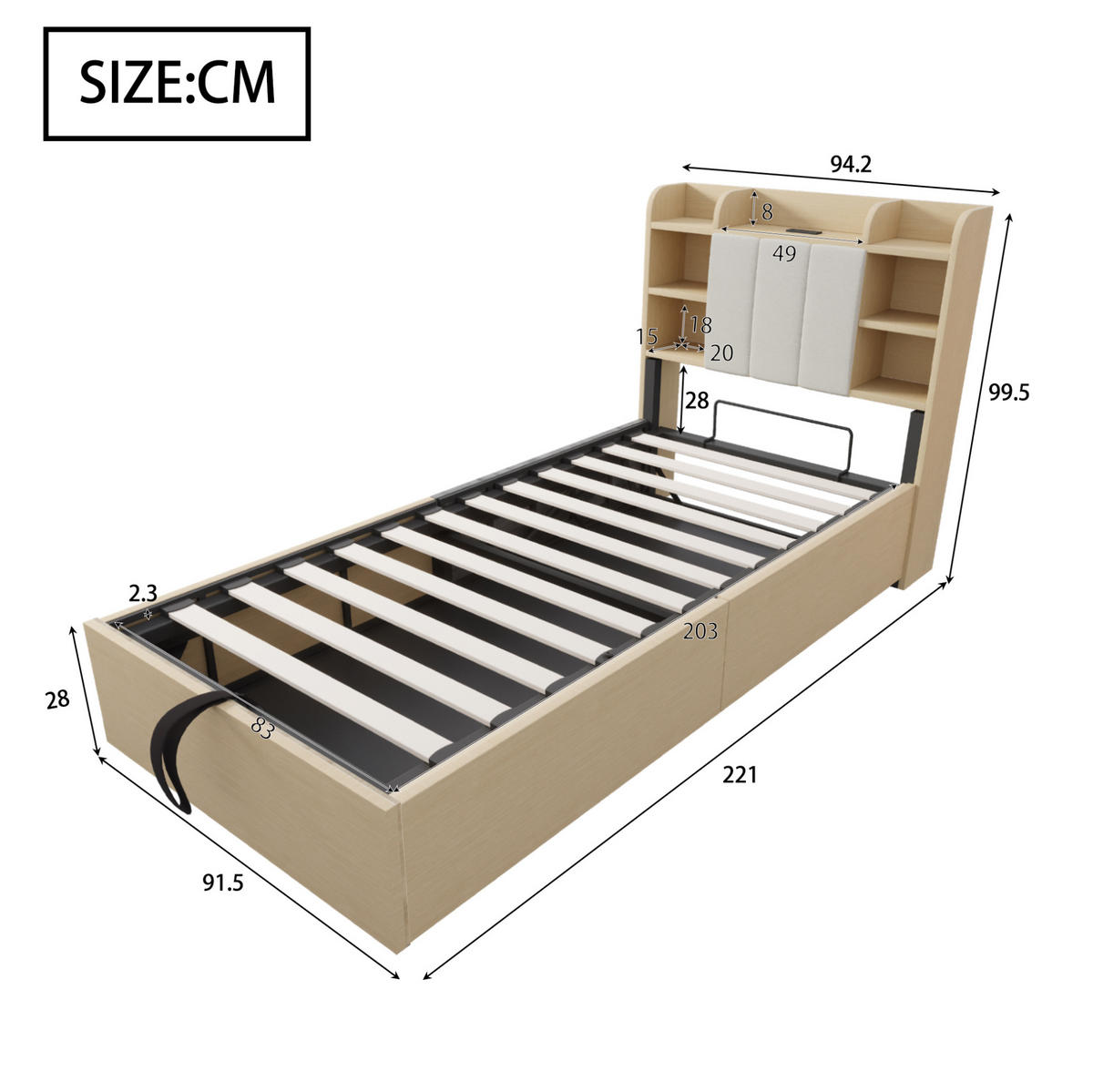BETT 90/200 cm in Holzfarbe mit Stauraum und USB- und Type-C-Anschlüssen - Naturfarben, Holzwerkstoff (90/200cm) - Flora Grace