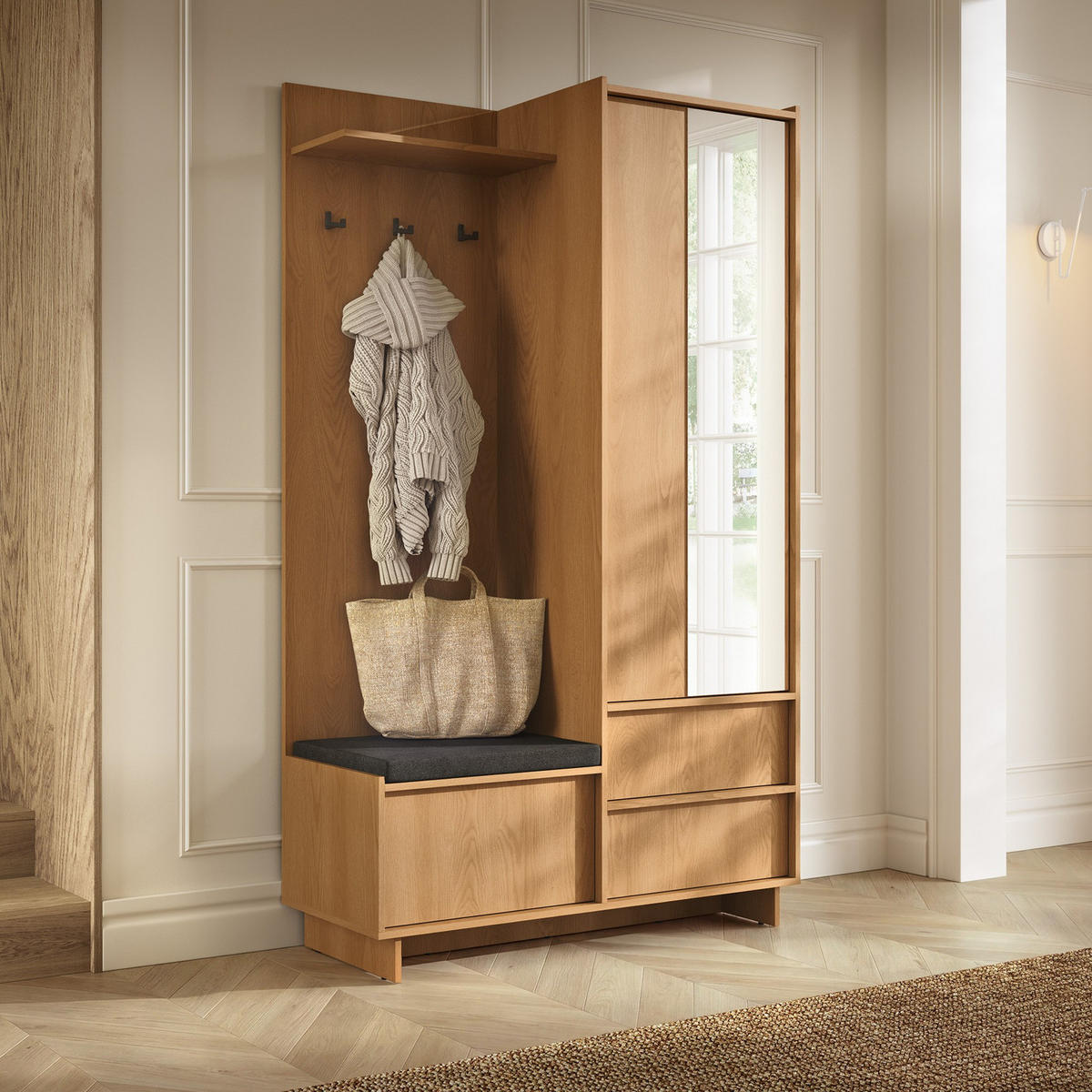 GARDEROBE SUNA 125 cm (Eiche Karamell, Spiegel, Sitzkissen, Push to Open) - Eichefarben, Holz/Holzwerkstoff (125/201/39cm) - Ravio