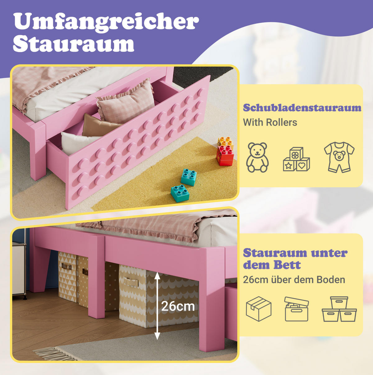 KINDERBETT 90/200 cm Rosa aus MDF und Massivholz mit Schublade und Stauraum - Pink, Holz (90/200cm) - OKMYHOME