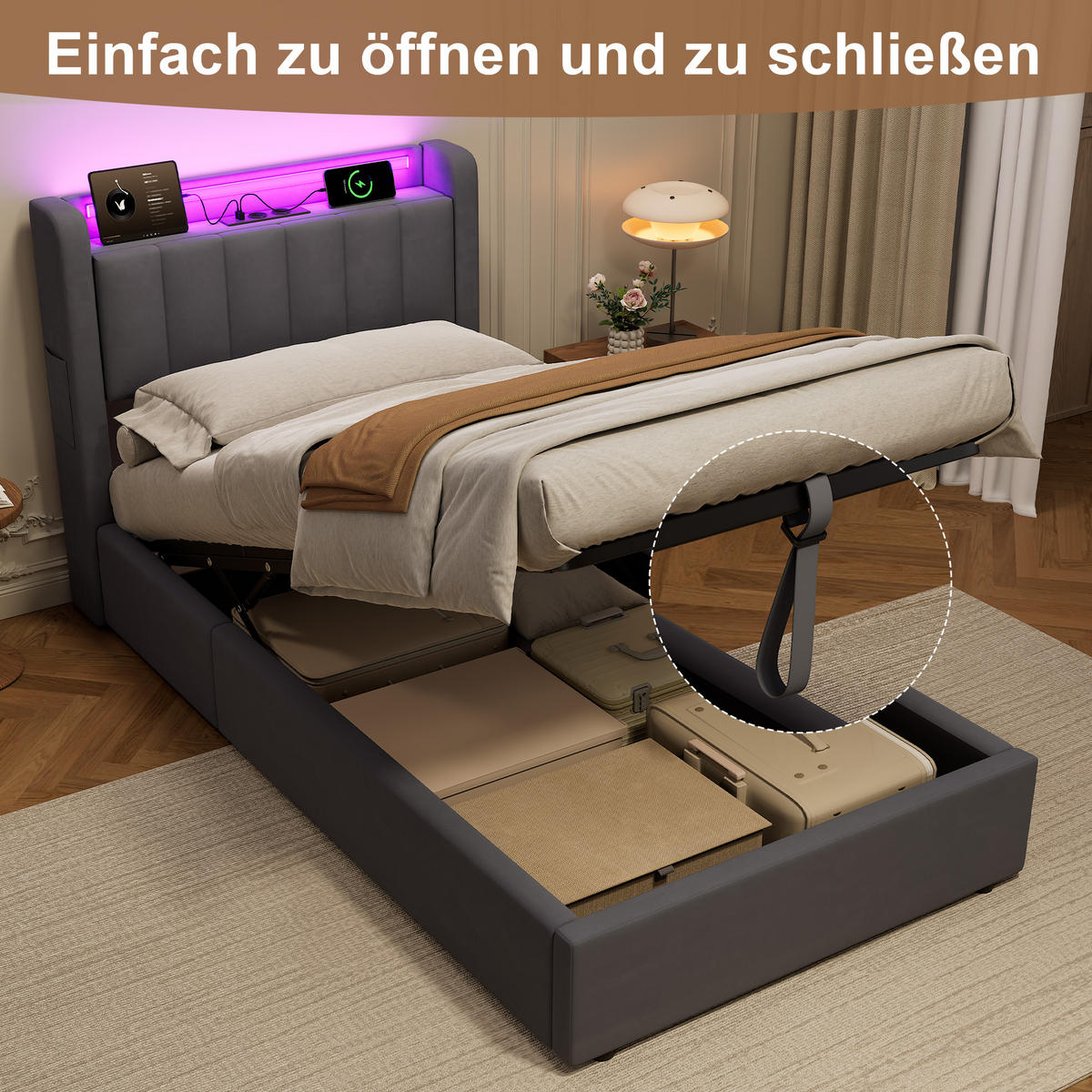 POLSTERBETT 90/200 cm in Grau, mit Bettkasten, Stauraum, USB und LED Beleuchtung, ohne Matratze - Grau, Holzwerkstoff/Textil (90/200cm) - WISHDOR