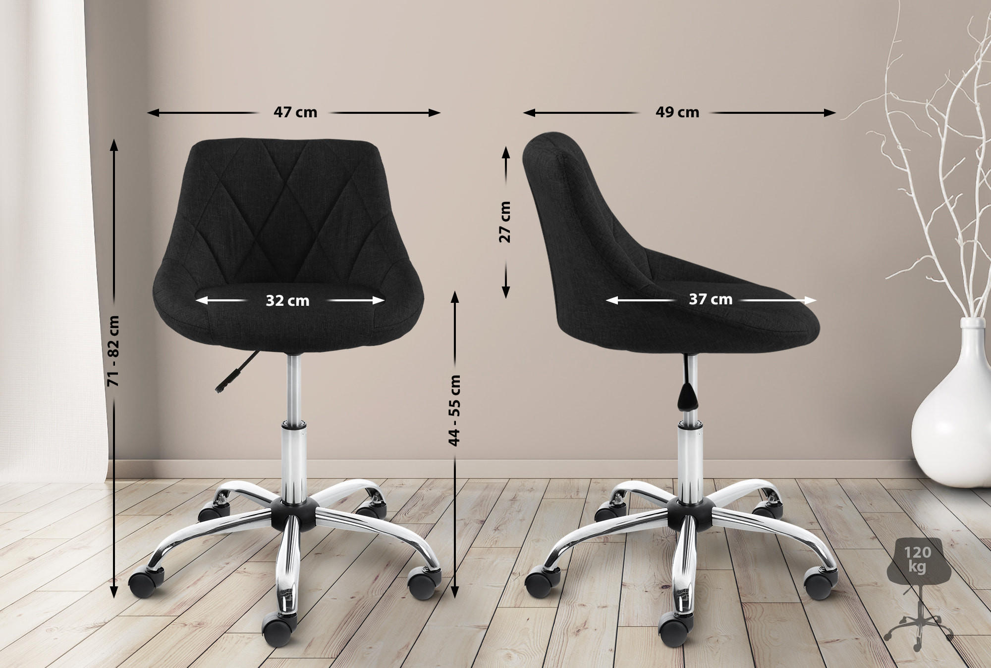 HOCKER Stoff schwarz - Chromfarben/Schwarz, Textil/Metall (47/71/49cm) - CLP