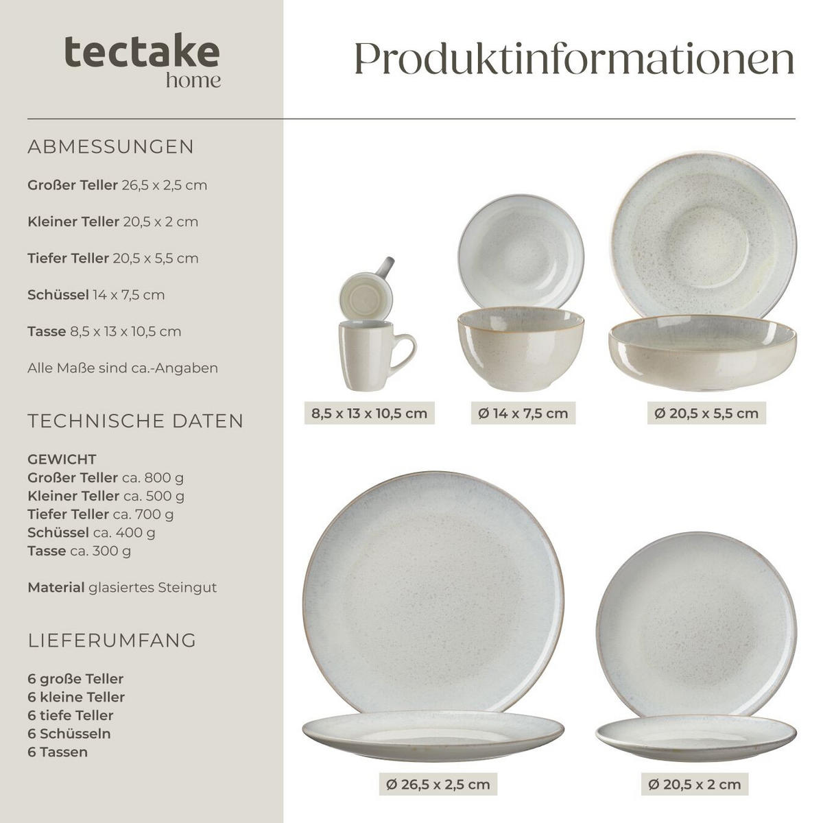 KOMBISERVICE Mare, ineinander stapelbar, grau - Grau, Keramik (26.5/2.5/26.5cm) - tectake
