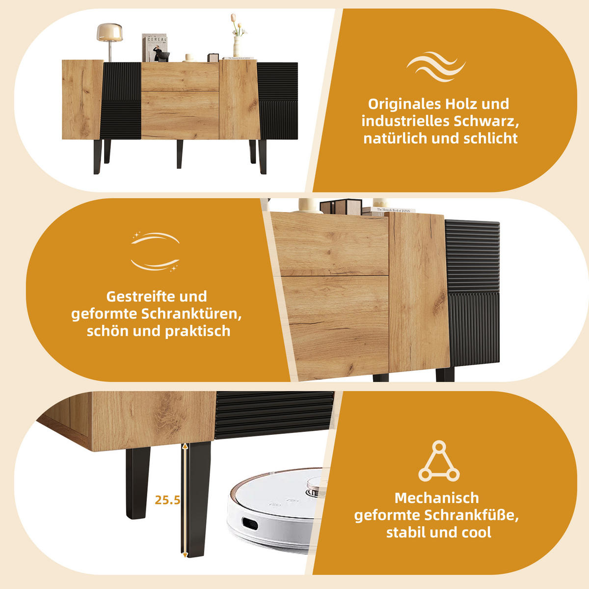 SIDEBOARD Holz Stauraum TV-Schrank mit Massivholzbeinen 60 Zoll - Eichefarben, Holzwerkstoff (140/70/40cm) - FLIEKS