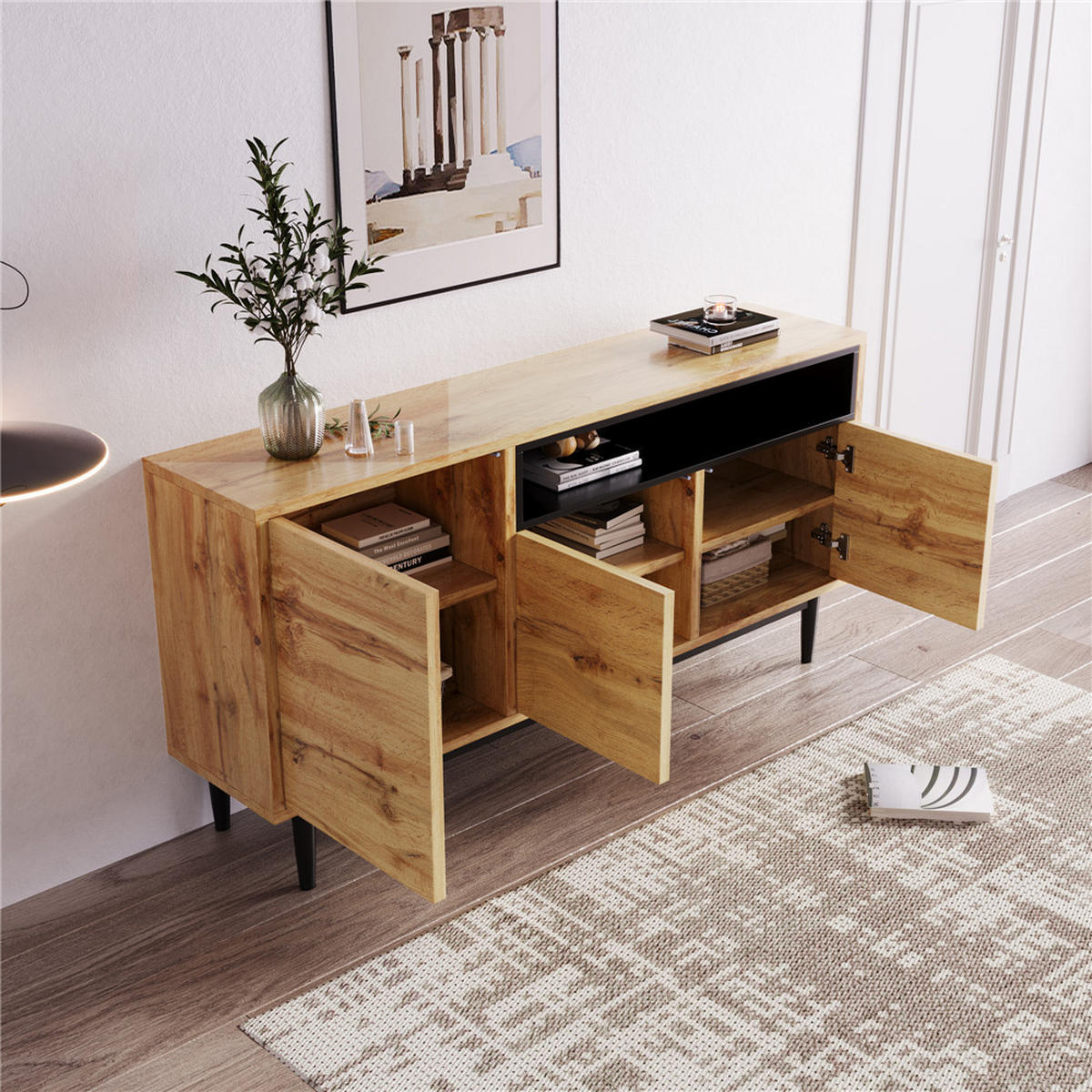 SIDEBOARD Holz 160/76/35 cm mit 3 Türen Regale - Naturfarben, Holz (160/76/35cm) - Kaket