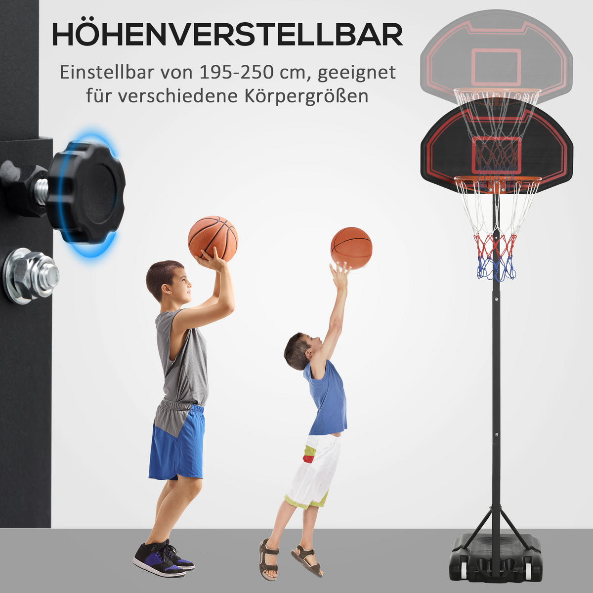 BASKETBALLKORB, Stahl, Schwarz, 73L x 49B x 250H cm - Schwarz, Metall (49/131cm) - HOMCOM