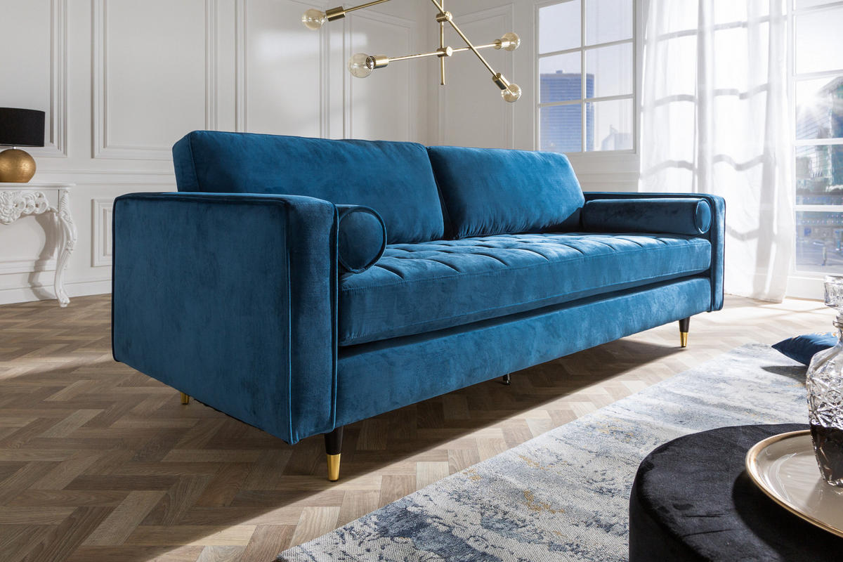 3-SITZER SOFA COZY VELVET Eukalyptus Samt Blau 220 cm - Blau/Goldfarben, Holz/Textil (220/90/85cm) - riess-ambiente