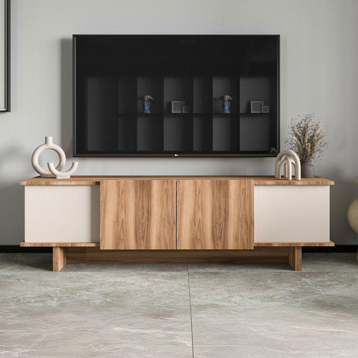 TV-MÖBEL Brona beige 180 cm im zeitgenössischen Stil mit Schrank - Beige, Holzwerkstoff (180/33/50cm) - Concept Usine