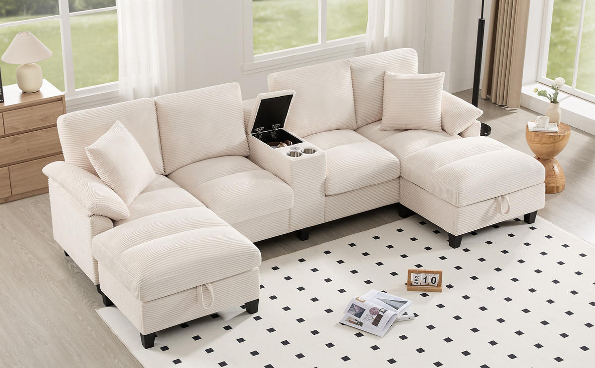 WOHNLANDSCHAFT 293x142x93 cm aus Cord mit Stauraum & USB-Anschlüssen, beige - Beige, Textil (142/93/293cm) - Luhomfu
