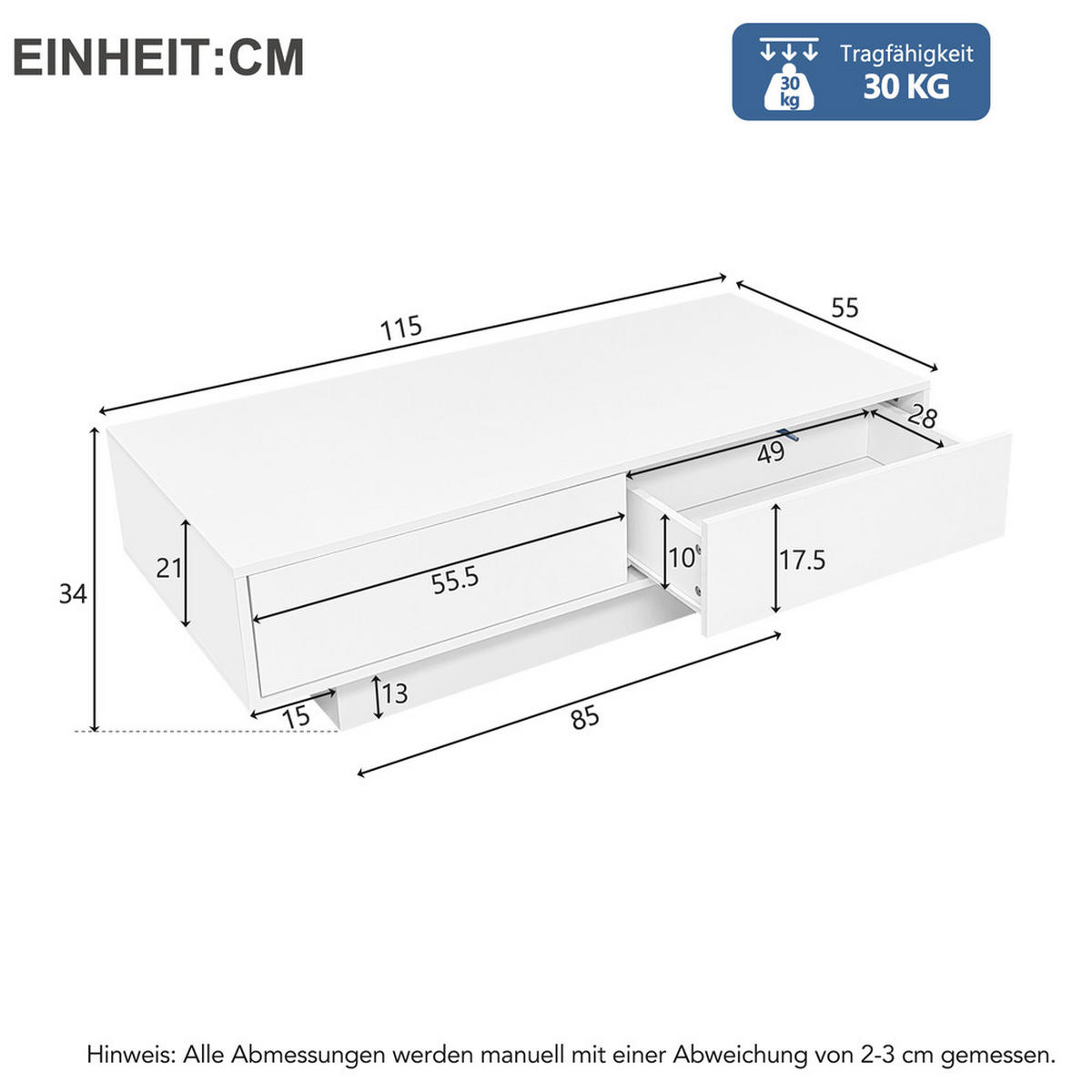 COUCHTISCH 115x55cm Weiß Hochglanz LED 2 Schubladen 30kg Tragkraft Modern - Weiß, Holz (127.99/66.68/11.79cm) - FLIEKS