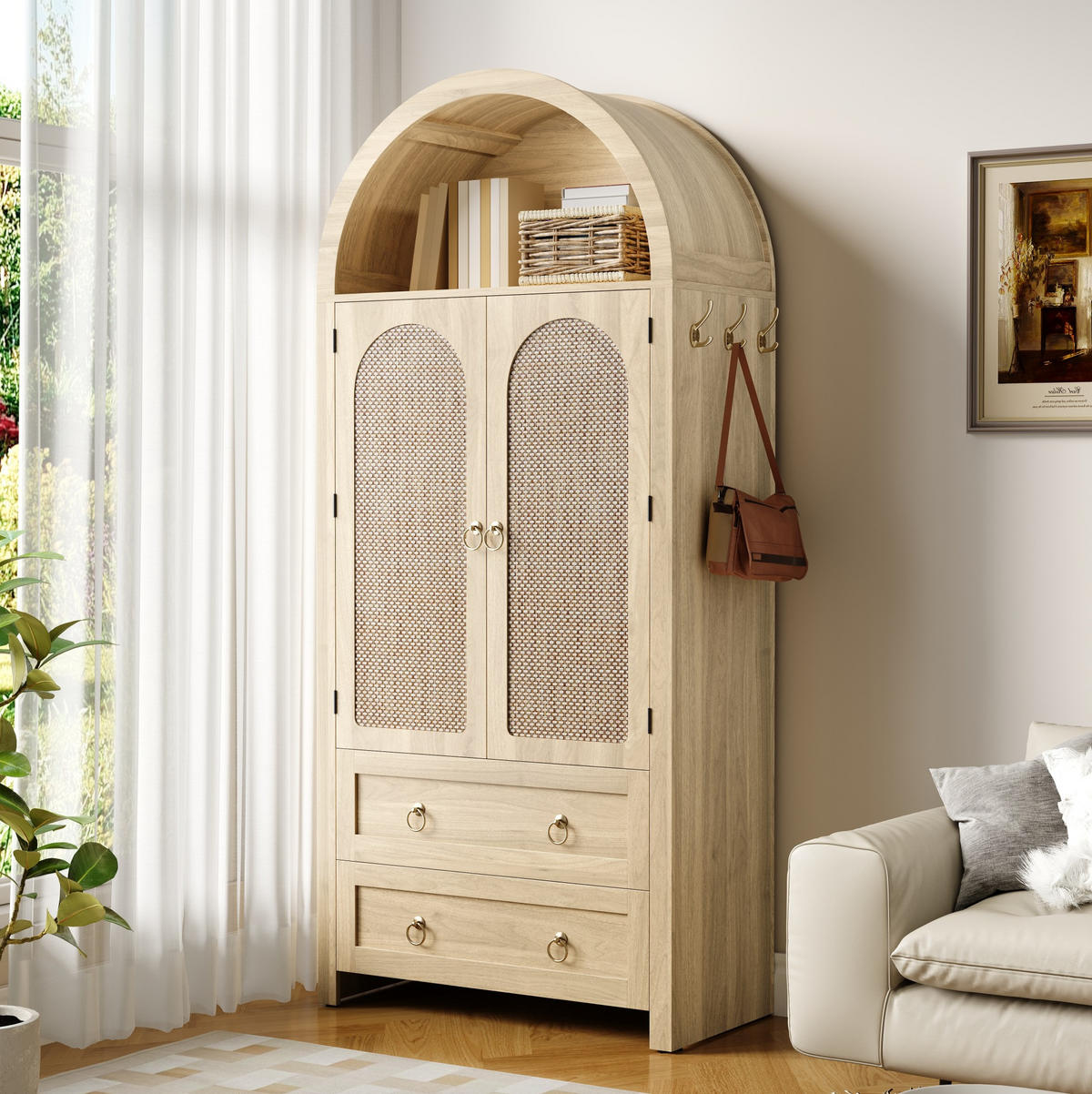 KOMMODE 80/40/180 cm aus MDF mit Rattangeflecht und verstellbaren Regalböden Eichefarben - Eichefarben, Holzwerkstoff (80/180/40cm) - Modenvie
