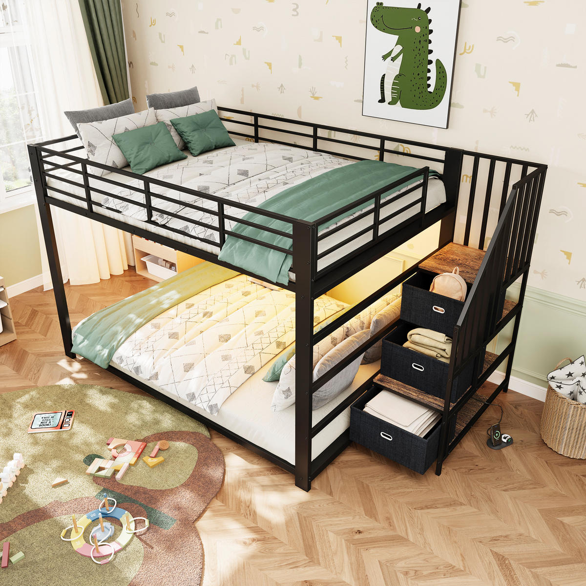 ETAGENBETT 140/200 cm mit Treppe, LED und Steckdose, DE-41957, in Schwarz - Schwarz, Metall (140/200cm) - ComfortXL