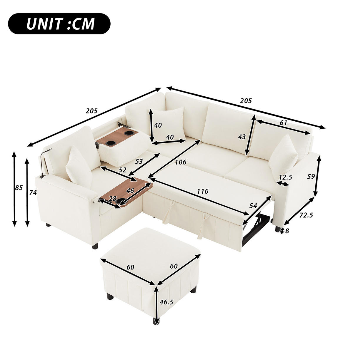 ECKSOFA Chenille mit Schlaffunktion, Hocker und USB-Anschluss 205/205/85 cm Beige - Beige, Textil (205/205cm) - Redom