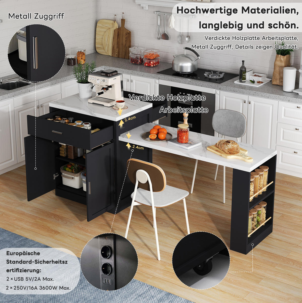 KÜCHENINSEL 211x55x89.5cm Schwarz mit ausziehbarem Esstisch - Schwarz, Holzwerkstoff (211/89.5/55cm) - Modfu