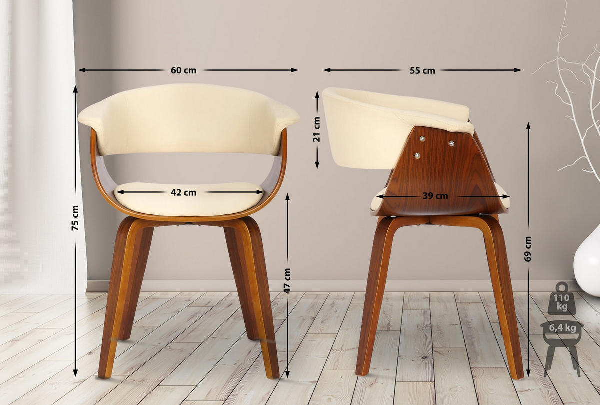 STUHL 2er Set Holz Creme - Walnussfarben/Creme, Holz/Textil (60/75/55cm) - CLP
