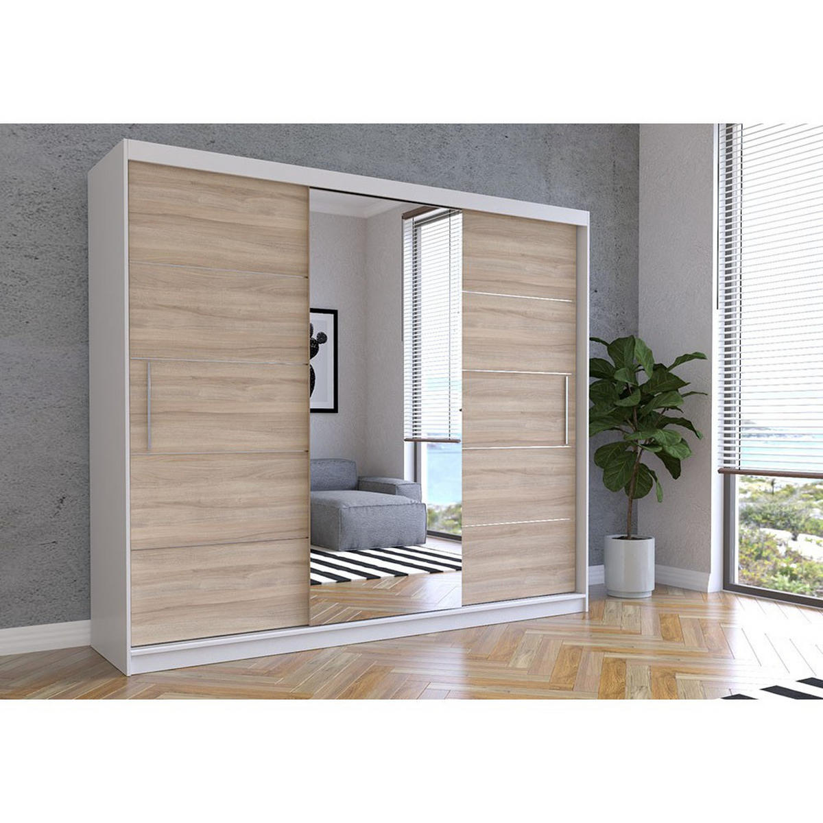 SCHWEBETÜRENSCHRANK Alba Weiß/Sonoma Eiche mit Spiegel, ohne LED Beleuchtung 250 cm - Alufarben/Weiß, Glas/Holzwerkstoff (250/218/61cm) - imoebel24