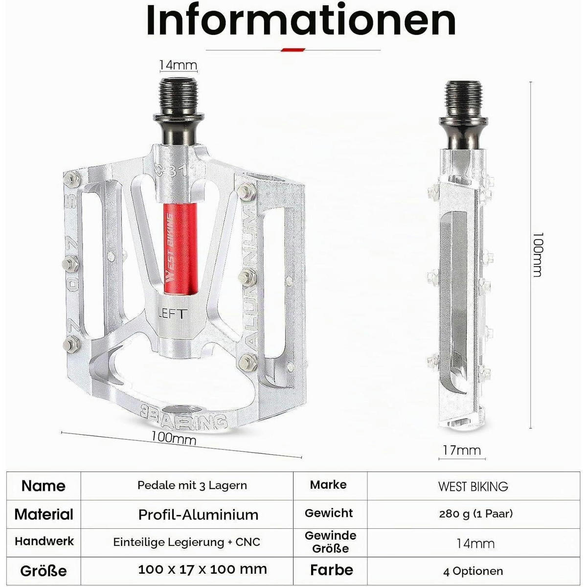 FAHRRADPEDALE Aluminium rutschfest 9/16 Zoll MTB E-Bike - Silberfarben, Metall (10/1.4/10cm)