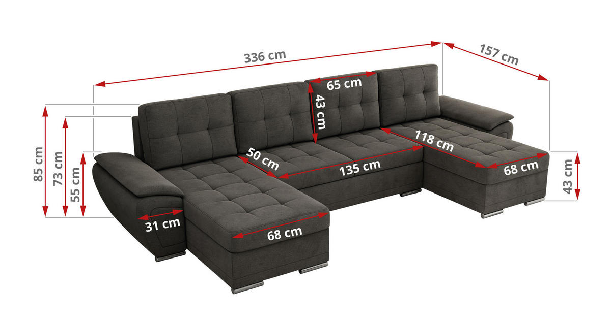 WOHNLANDSCHAFT UMBRIA U Dunkelgrau Velvet - Dunkelgrau/Grau, Textil/Metall (336/85/157cm) - MKS