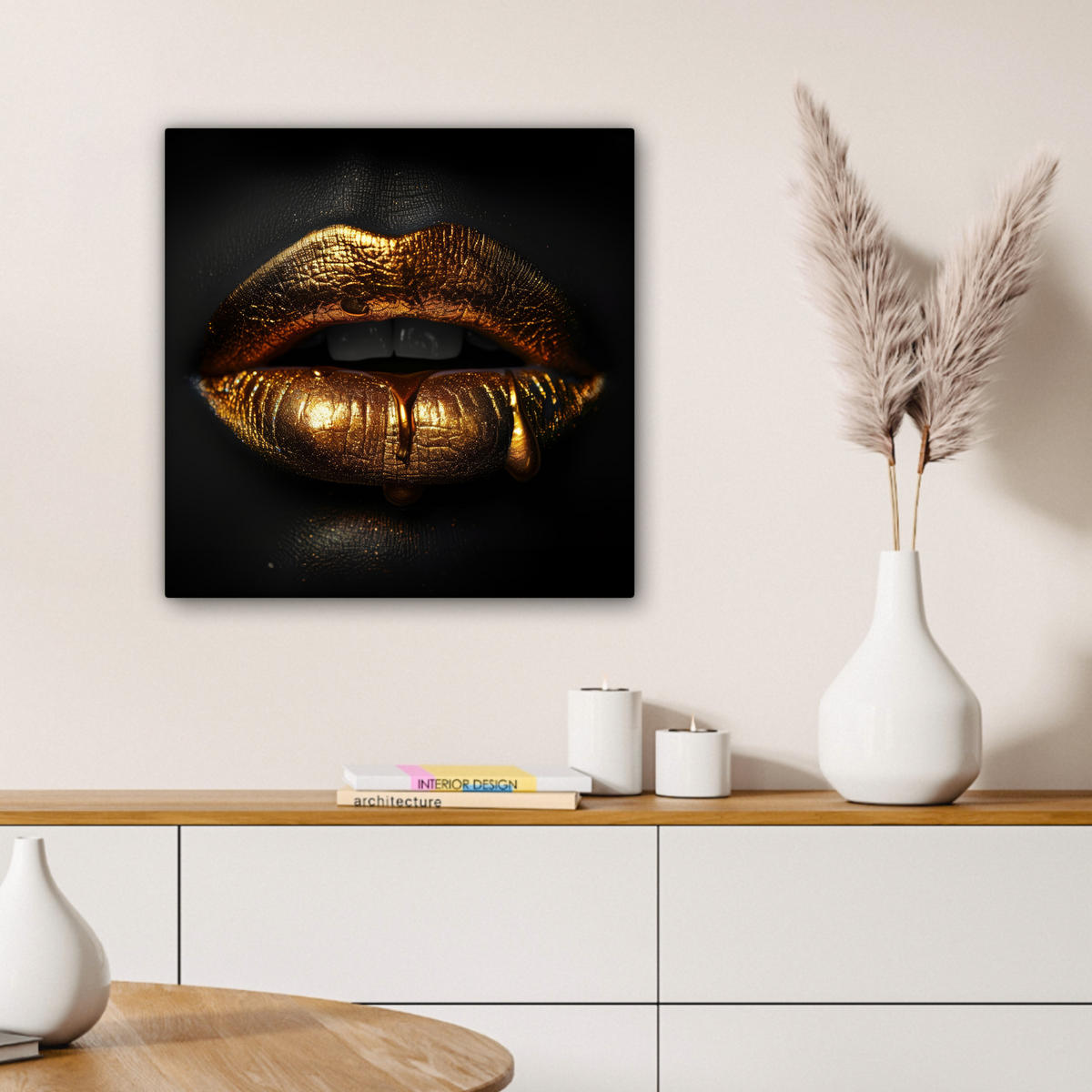 LEINWANDBILD Frau - Porträt - Lippen - Gold - Schwarz 50x50 cm - Schwarz, Textil (50/50cm) - MuchoWow