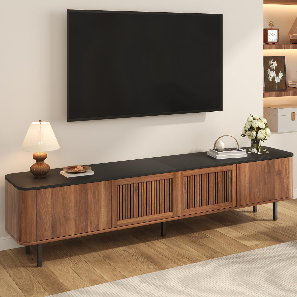TV-SCHRANK 190cm modern niedrig TV-Ständer Design - Walnussfarben, Holzwerkstoff (35/45/190cm) - FLIEKS