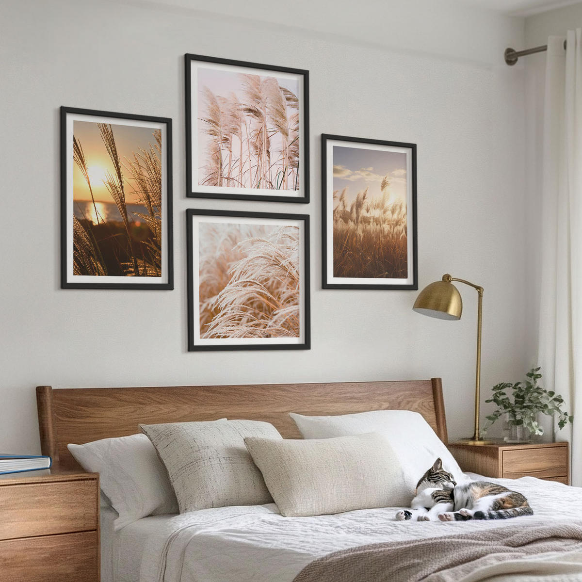 BILDER SET 4er Set - 50x50 cm & 40x60 cm Schwarzer Rahmen - Boho-Grasfeld-Sonnenuntergang - Schwarz, Kunststoff (50/50cm) - TULUP