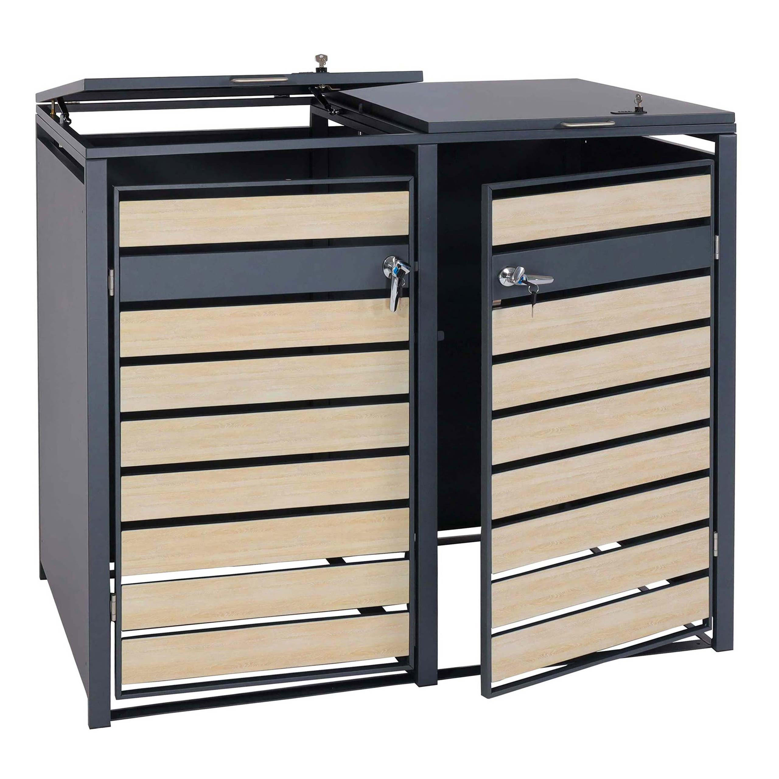 MÜLLTONNENBOX 2er 117x132x80cm Anthrazit Buche-Holzoptik Hellbraun - Hellbraun, Metall (132/117/80cm) - PROREGAL