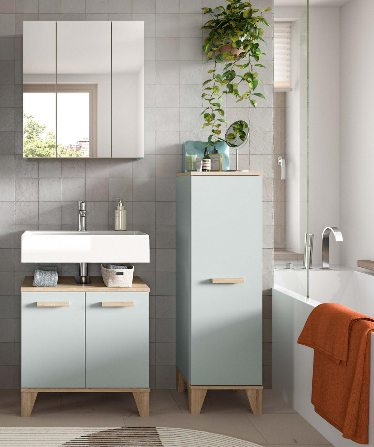BADMÖBEL-SET 3-teilig grün, Eiche, Badkombination skandinavisch 109 x 190 cm - Eichefarben/Grün, Glas/Holzwerkstoff (109/190/34cm) - Inn.Furn