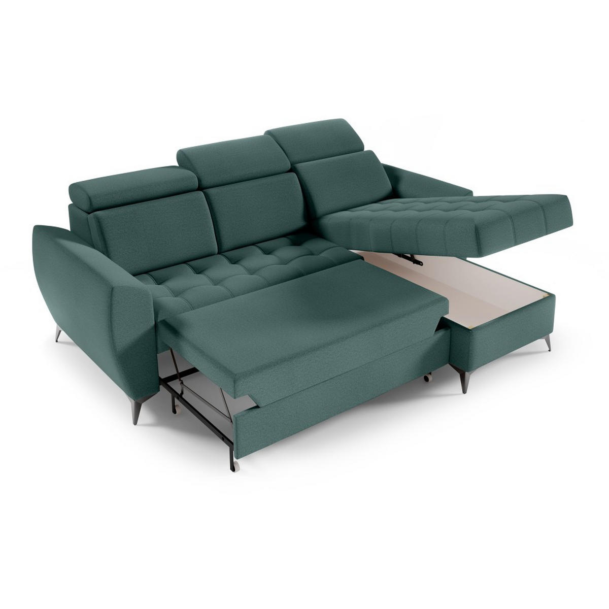 ECKSCHLAFSOFA Aurora I verstellbare Kopfstützen, Dunkelgrün - Dunkelgrün/Schwarz, Textil (235/176cm) - Beautysofa