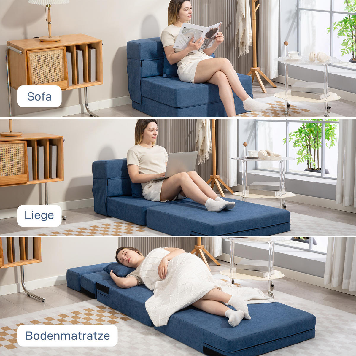 SCHLAFSESSEL 3 in 1 mit Bettfunktion 210L x 80B x 15H cm Dunkelblau - Blau, Kunststoff (80/15/210cm) - HOMCOM