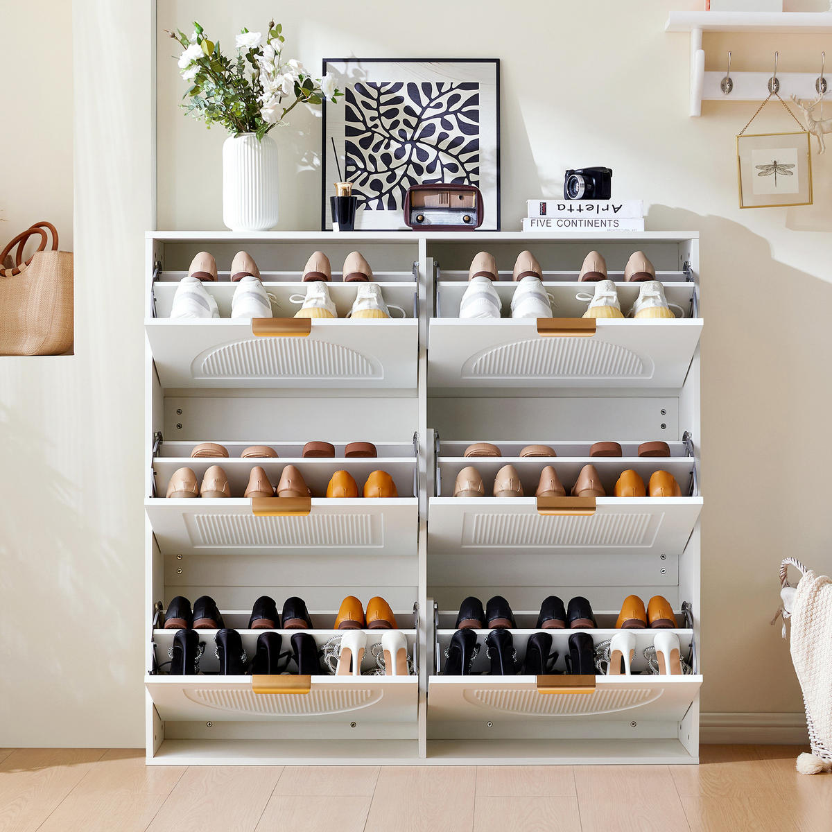 SCHUHSCHRANK Modern 6 Fächer Weiß 118x25x115cm - Weiß, Holzwerkstoff (25/115/118cm) - FLIEKS