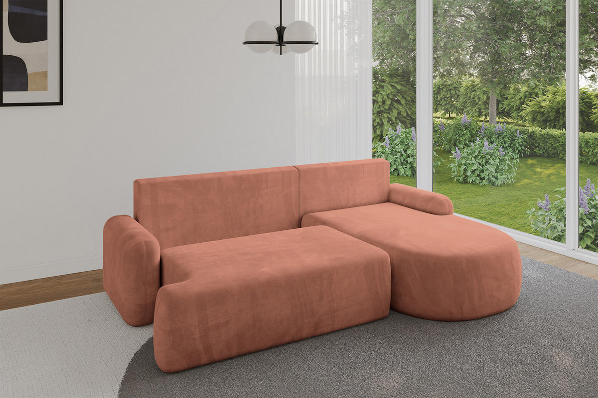 WOHNLANDSCHAFT mit Schlaffunktion und Bettkasten LIRA-L - 264x172x89 Apricot - Orange, Holzwerkstoff/Textil (172/264cm) - ALTDECOR