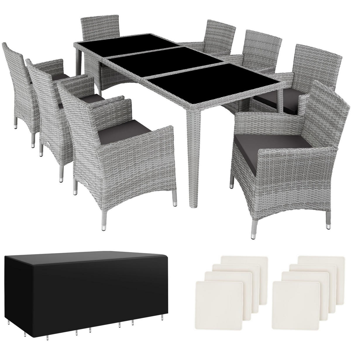 RATTAN SITZGRUPPE Menorca,2 Bezugssets, inklusive Schutzhülle,hellgrau - Hellgrau, Kunststoff - tectake