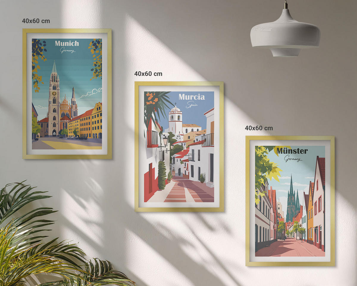 BILDER SET 3er Set - 40x60 cm Goldrahmen - Europäische Städte in farbigen Zeichnungen - Goldfarben, Kunststoff (40/60cm) - TULUP